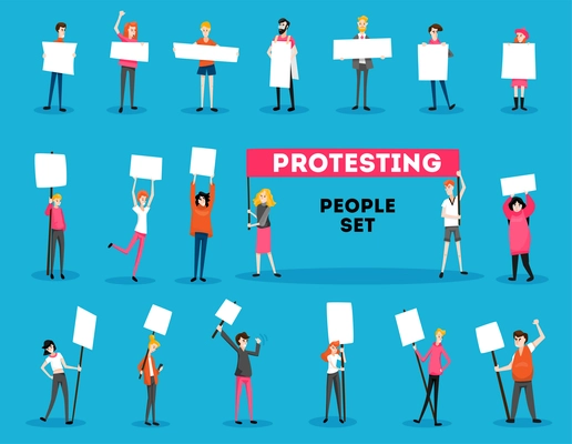 Protesting people activist set with text and isolated doodle style characters of young protesters with placards vector illustration