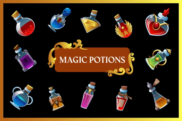 Magic potion game background with isolated mini bottles and colored liquid inside vector illustration