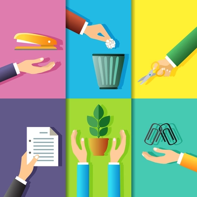 Business hands gestures design elements of office stationery and plant isolated vector illustration