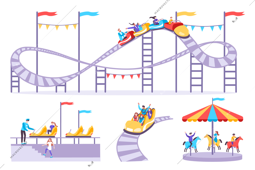 Roller coaster set of flat icons with amusement rides isolated images and people on blank background vector illustration