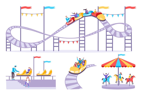 Roller coaster set of flat icons with amusement rides isolated images and people on blank background vector illustration