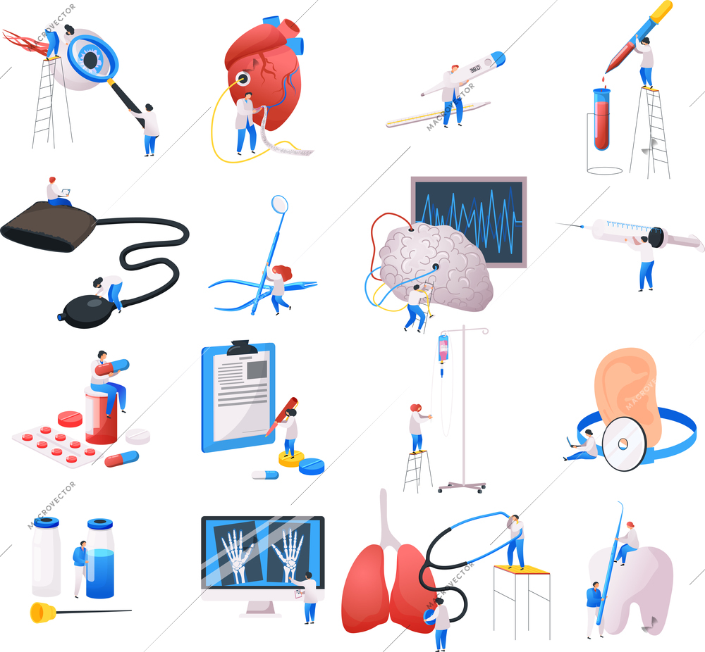 Set of isolated medical center flat icons with images of medical supplies laboratory equipment ane people vector illustration