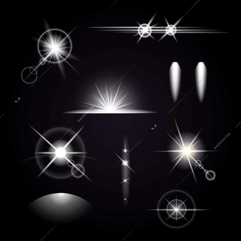 Isolated light effects icon set with white abstract glowing starlight on black background vector illustration