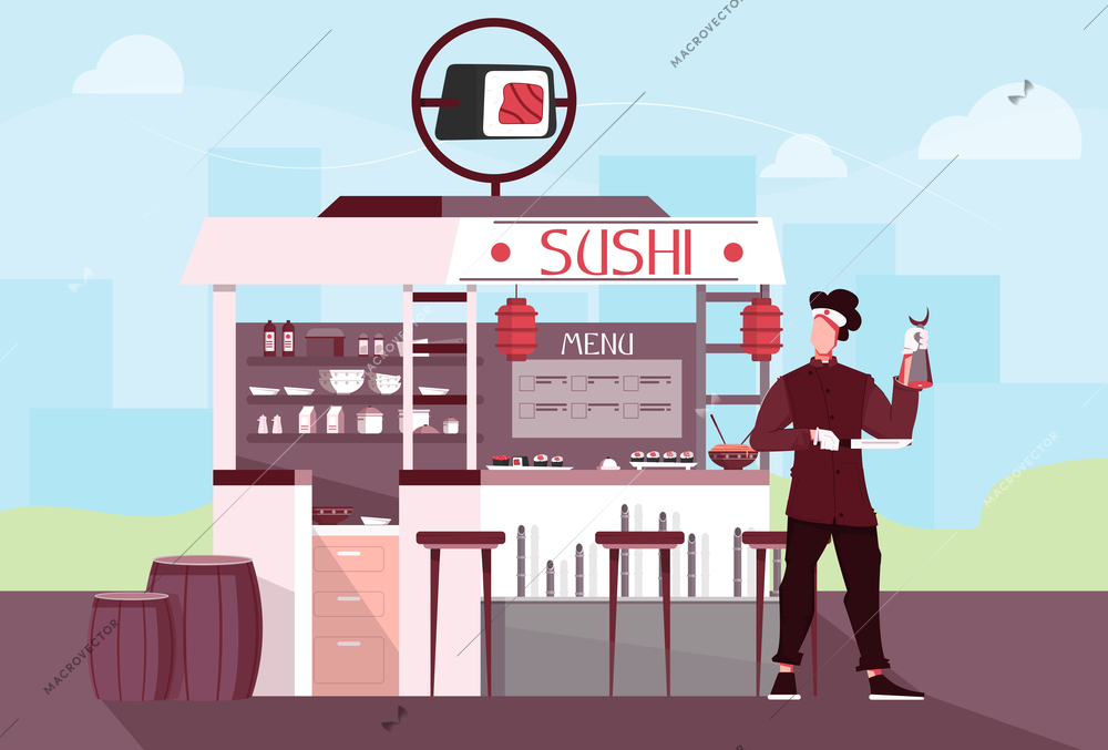 Sushi shop people flat composition with outdoor scenery and cityscape with restaurant stall and human character vector illustration
