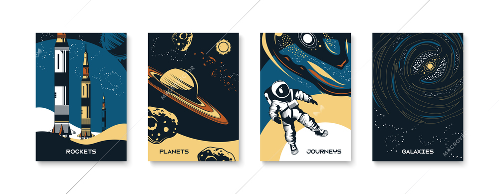 Space poster set of four isolated compositions  with rockets planets journeys galaxies vector illustration