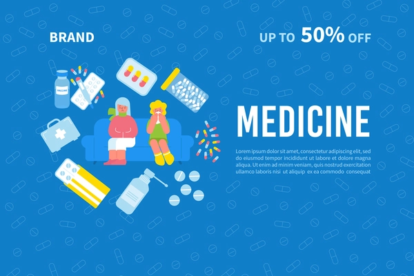 Medicine pharmacy banner with solid background editable text and flat images of people and pharmaceutical drugs vector illustration