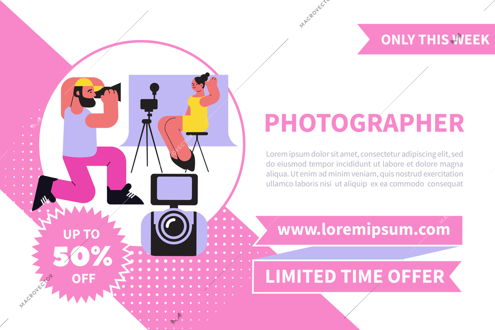 Professional photographer banner flat background with editable text badges and doodle human characters with studio shooting vector illustration