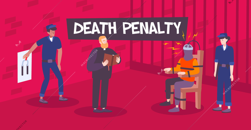 Death penalty composition with prison scenery and view of electrocution with doodle human characters and text vector illustration