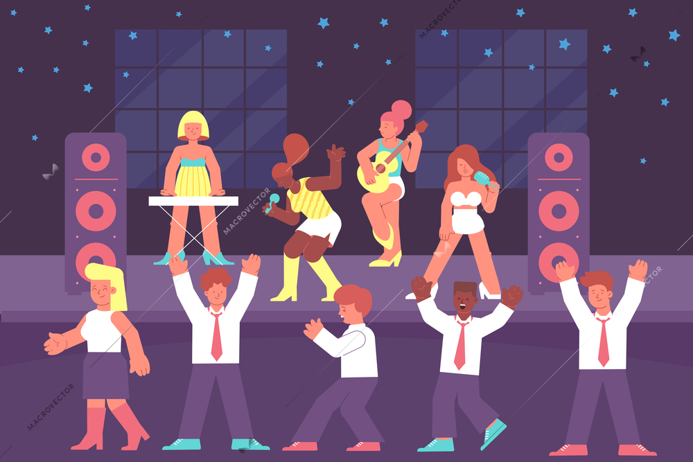 Corporate party composition with flat characters of office employees colleagues singing and dancing to the music vector illustration