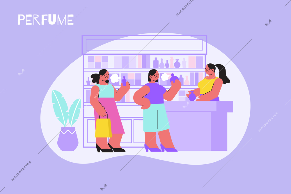 Perfume shop composition with flat female characters in cosmetic store environment and shelves with aroma flasks vector illustration