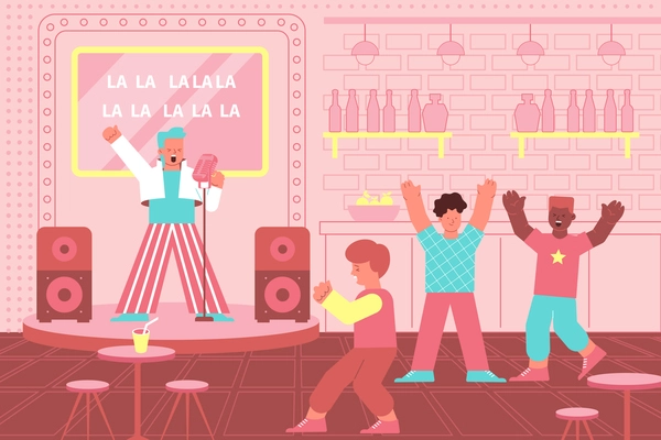 Karaoke singer composition with bar interior and flat characters of friends singing and dancing in public vector illustration
