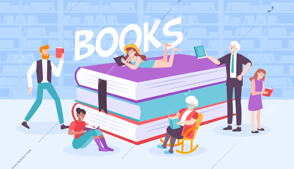 Book people composition with flat human characters surrounding pile of books with bookcase background and text vector illustration