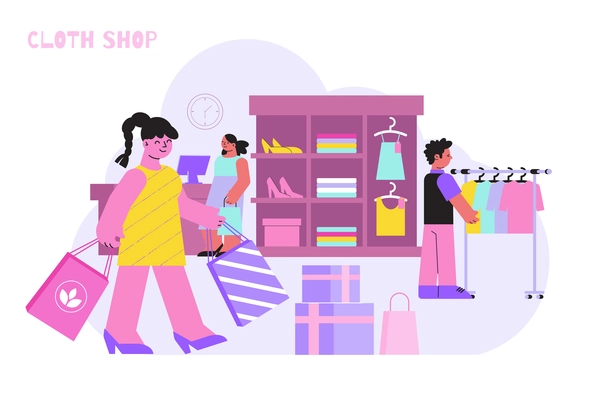 Cloth shop composition with text and doodle style human characters going shopping in fashion clothes store vector illustration