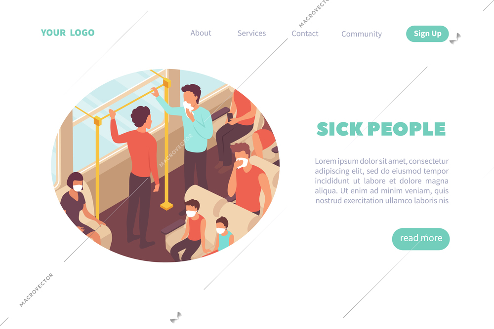 Sick people web page isometric website background with circle composition clickable links buttons and editable text vector illustration