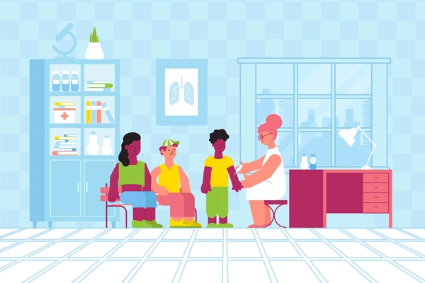 Vaccination immunity flat composition with teenage characters and doctor in her office with pieces of furniture vector illustration