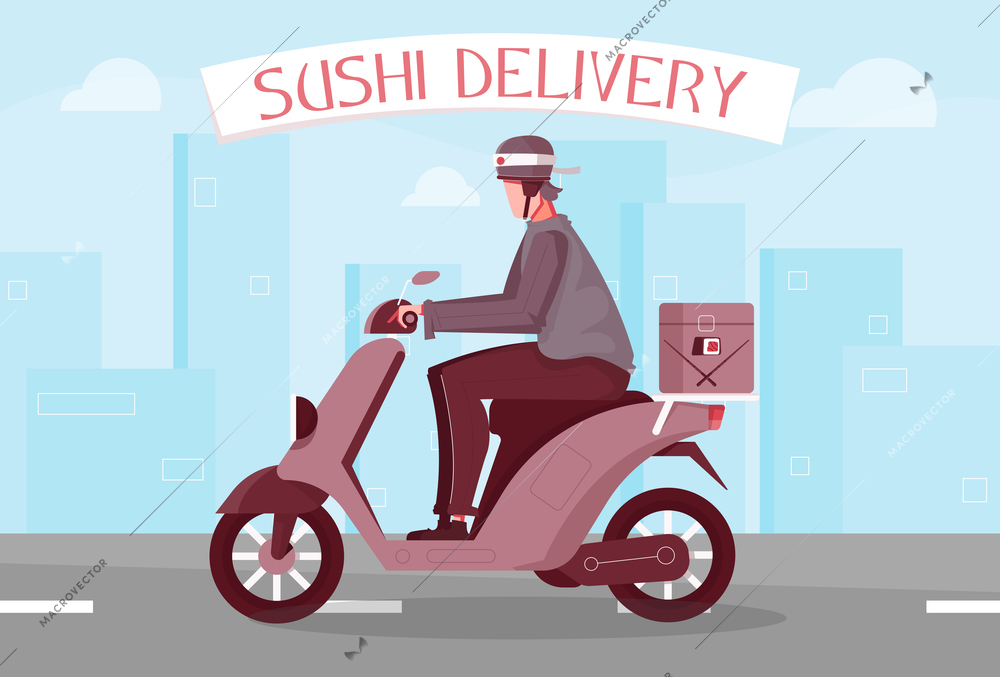 Sushi delivery flat composition with text and view of motorway with delivery boy riding motor bicycle vector illustration