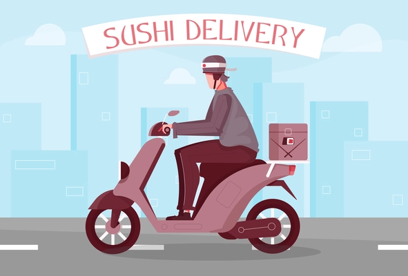 Sushi delivery flat composition with text and view of motorway with delivery boy riding motor bicycle vector illustration