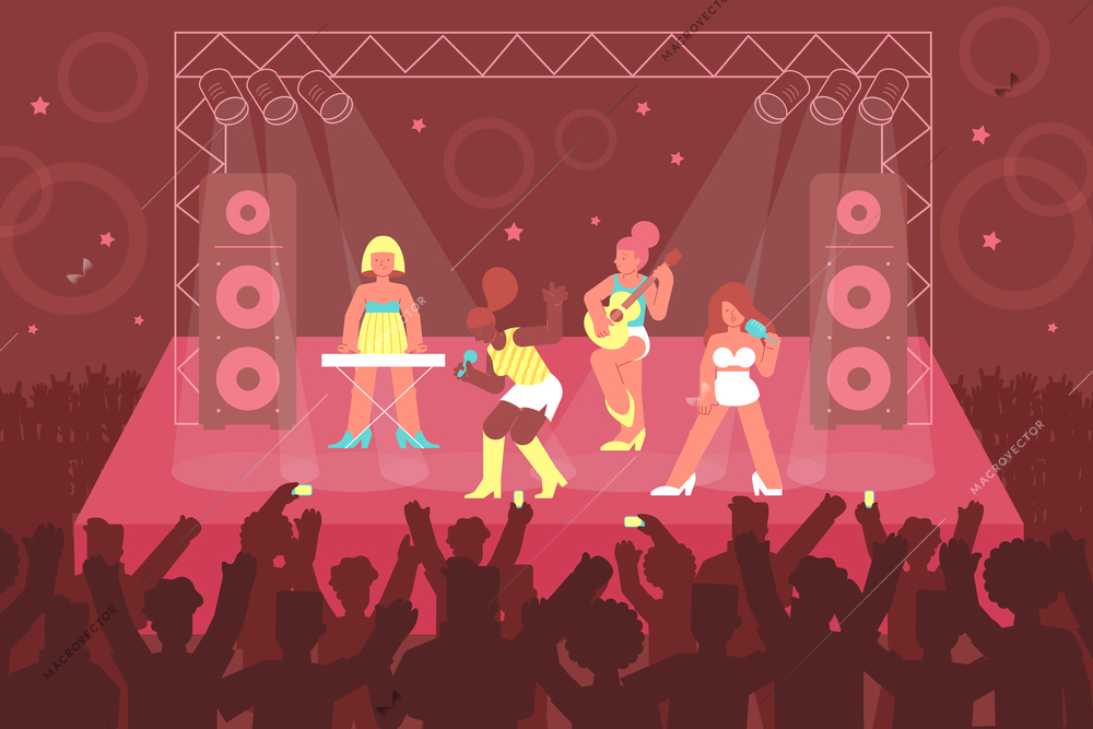 Concert singer composition of flat images and characters of girls band members performing music on stage vector illustration