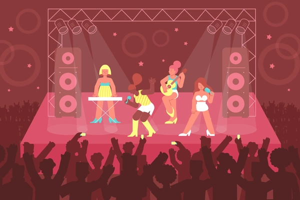 Concert singer composition of flat images and characters of girls band members performing music on stage vector illustration