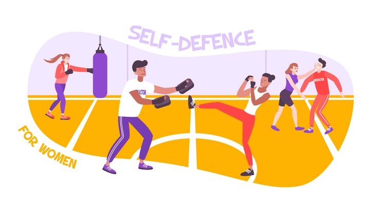 Self defense woman flat composition with text and indoor playground with women practicing vector illustration