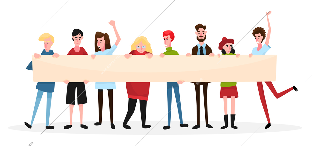 Protesting people activist composition with group of young people holding wide horizontal placard with empty space vector illustration