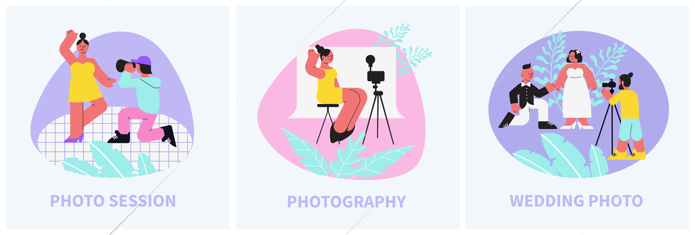 Set with three square photo session compositions with flat images human characters and editable text captions vector illustration