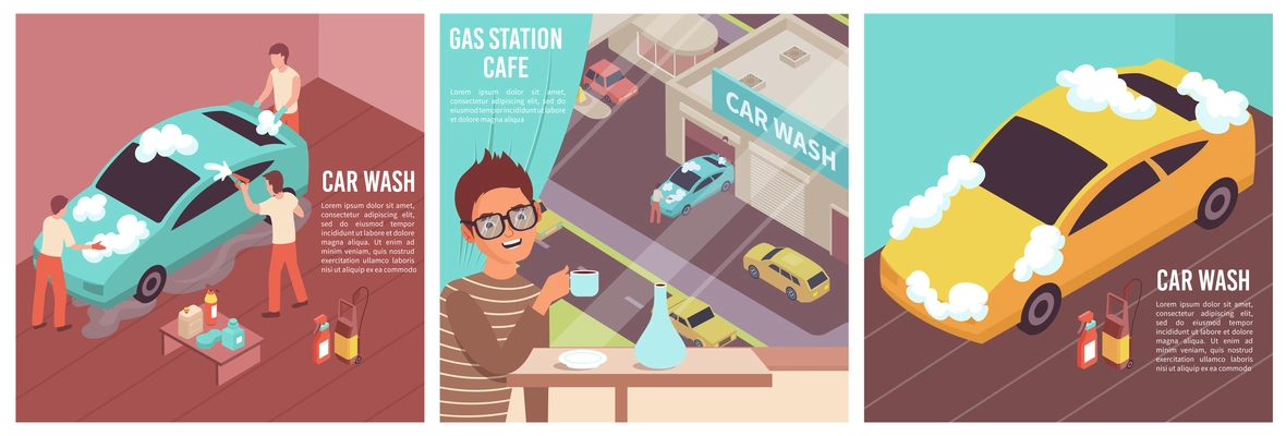 Car wash set of isolated square compositions with isometric images of cars and people with text vector illustration