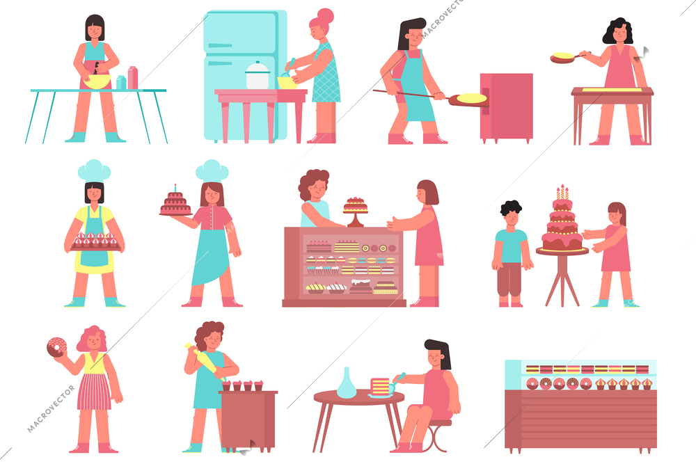 Culinary people set with isolated doodle human characters and kitchen furniture elements with candy shop displays vector illustration