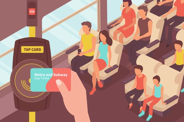 Fare payment isometric composition with view of passenger car with people and transport card ticket validator vector illustration