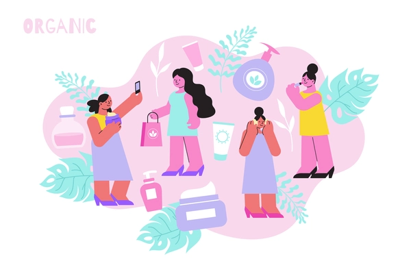 Eco organic cosmetic composition with isolated flat images of beauty products and human characters with text vector illustration