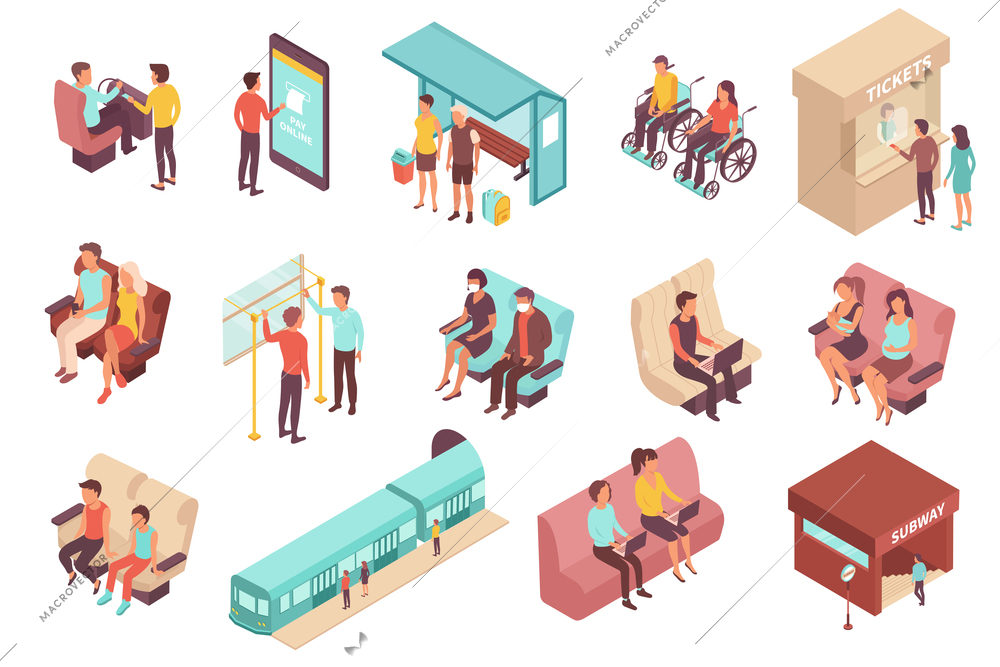 Public transport people isometric set of isolated human characters with chair seats stops and ticket windows vector illustration