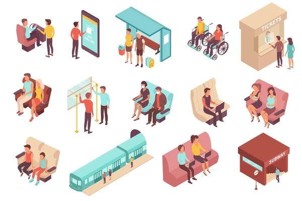 Public transport people isometric set of isolated human characters with chair seats stops and ticket windows vector illustration