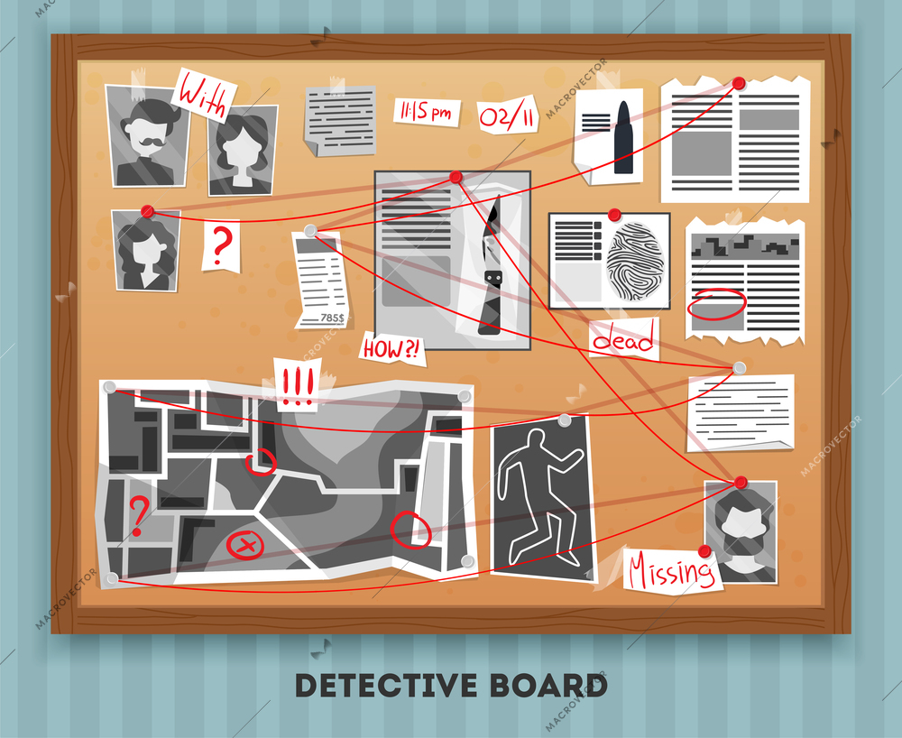 Detective board composition with text and rectangular wooden frame hanging on wall with pinned investigation materials vector illustration