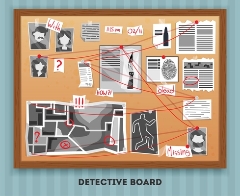 Detective board composition with text and rectangular wooden frame hanging on wall with pinned investigation materials vector illustration