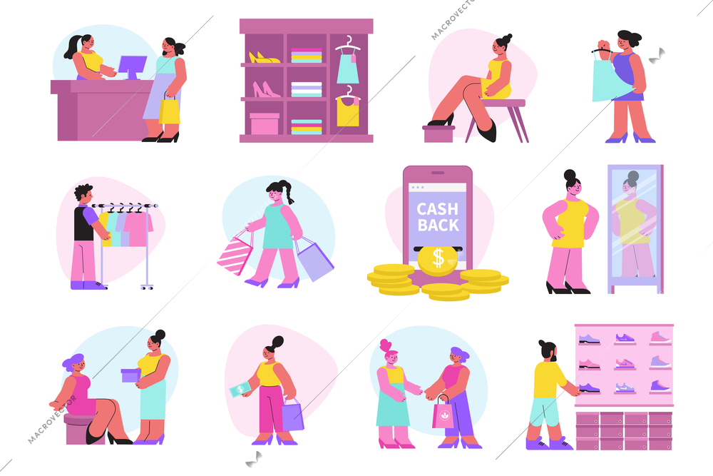 Cloth shop set with flat isolated icons of goods and doodle style characters of shopping people vector illustration