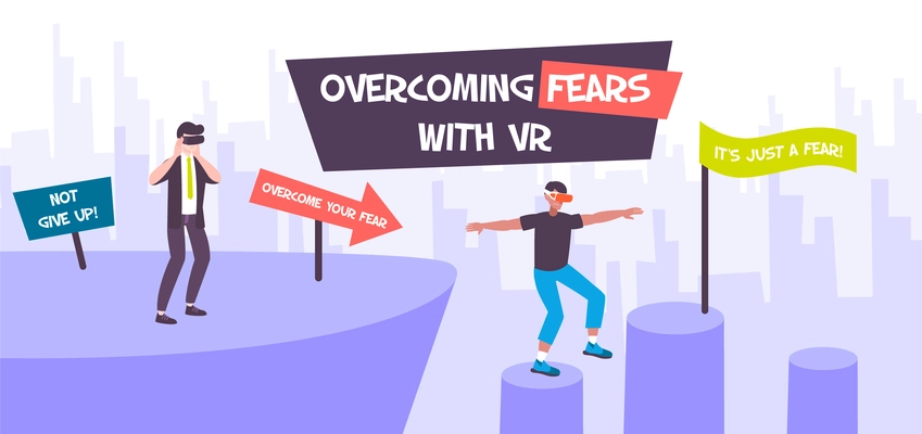 VR fears medicine therapy composition with flat cityscape and people overcoming fear of heights with text vector illustration