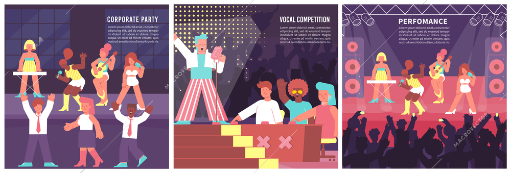 Set with three square singer compositions of editable text and flat human characters of singing musicians vector illustration