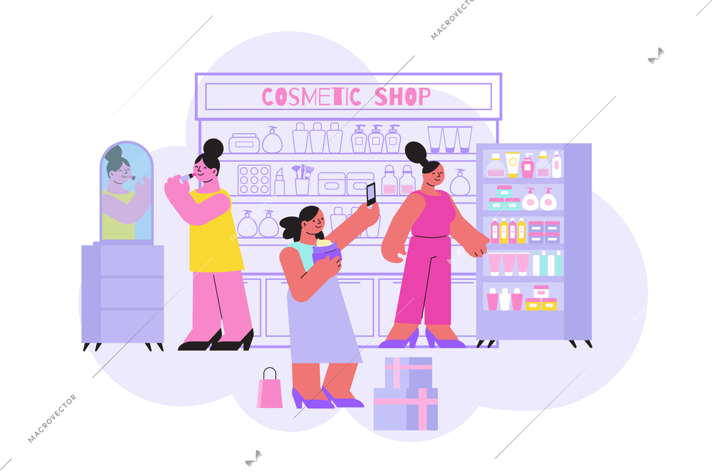 Cosmetic shop composition with indoor scenery of fashion store with products gift boxes and women characters vector illustration