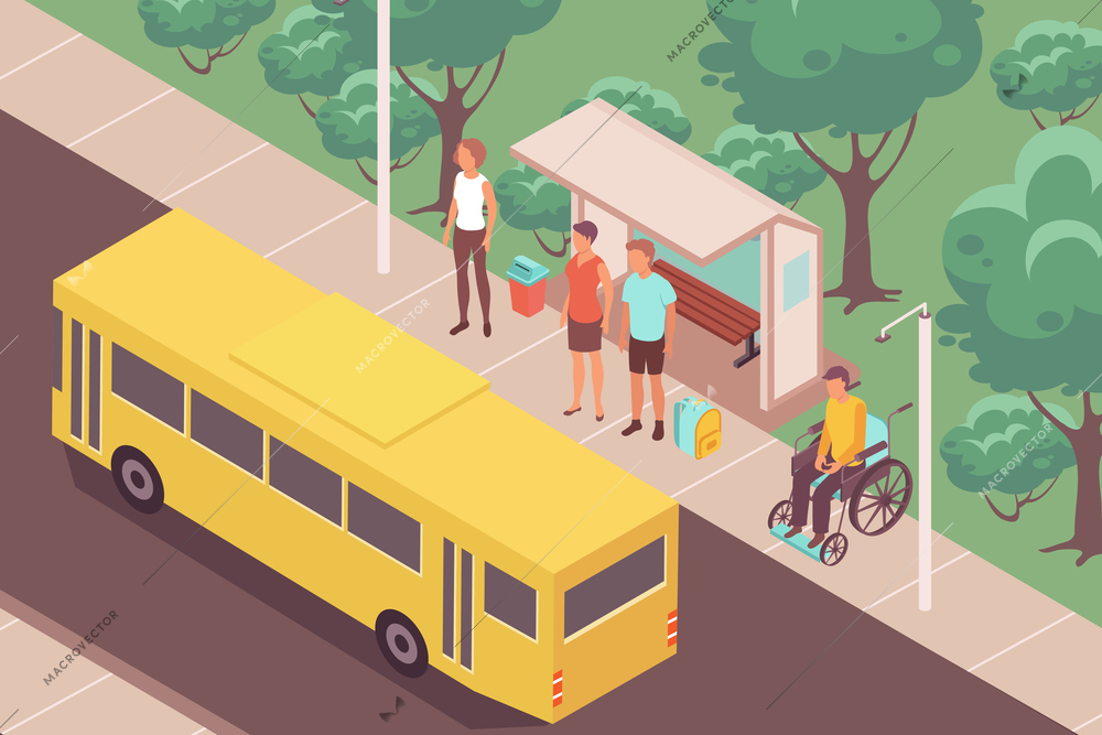 Bus-stop people isometric composition with outdoor landscape and yellow bus near stop with waiting people vector illustration