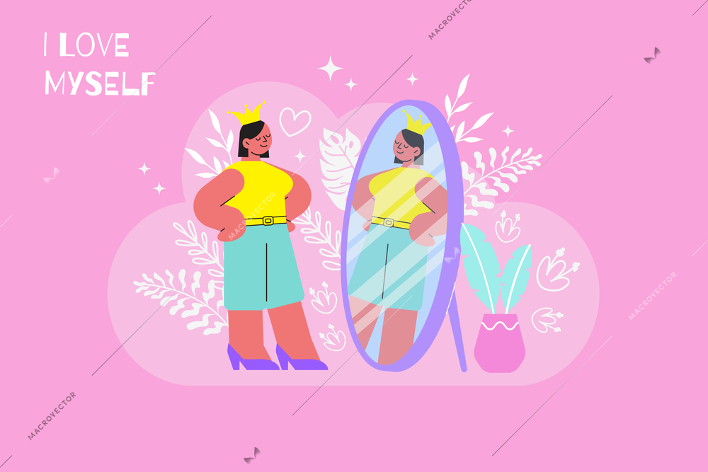 Self-esteem flat composition with female human character looking into mirror with ornaments and editable text vector illustration