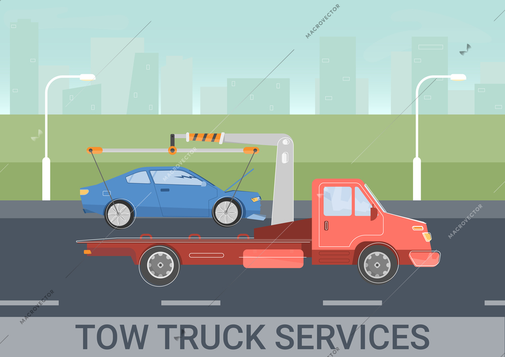 Tow truck services background with evacuation symbols flat vector illustration