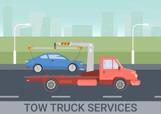 Tow truck services background with evacuation symbols flat vector illustration