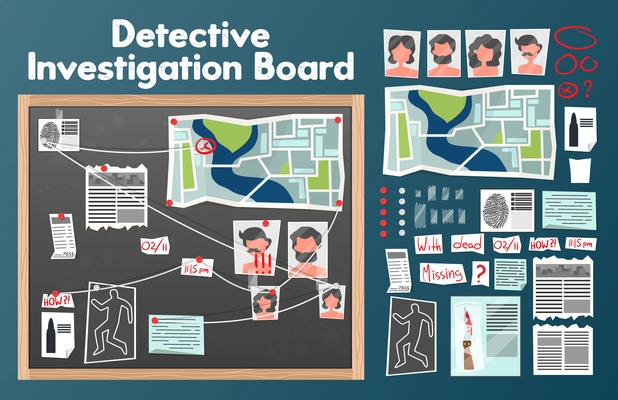 Detective board set with text and isolated images of pins photographs of suspects with newspaper clippings vector illustration