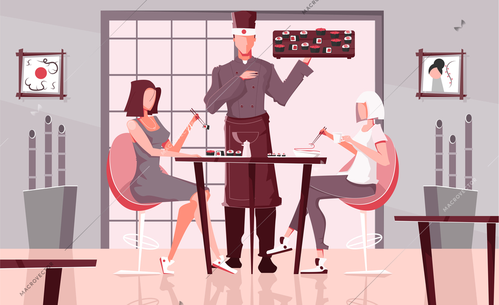 Sushi restaurant people set flat composition with indoor view of asian food cafe room with people vector illustration