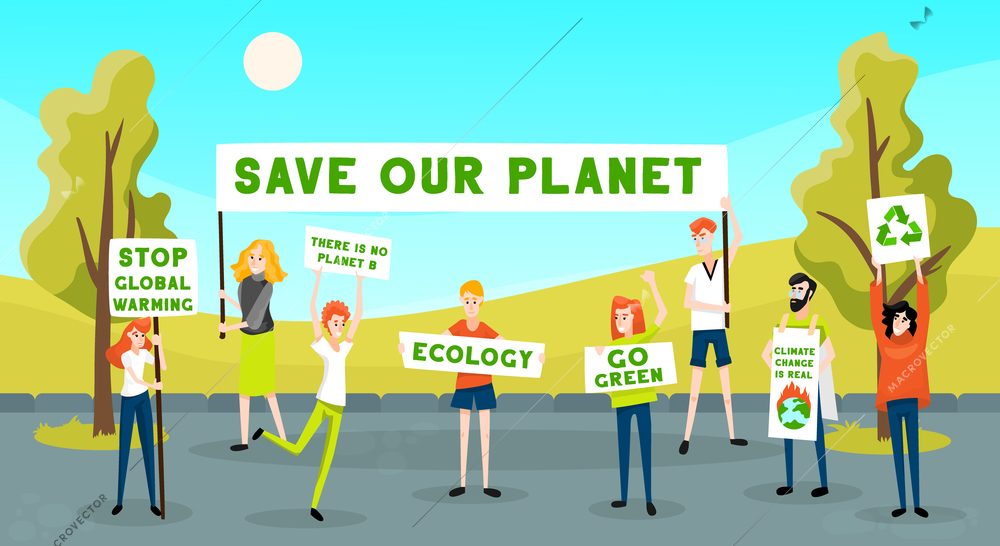 Protesting people activist ecology go green composition with outdoor landscape and group of young protester characters vector illustration