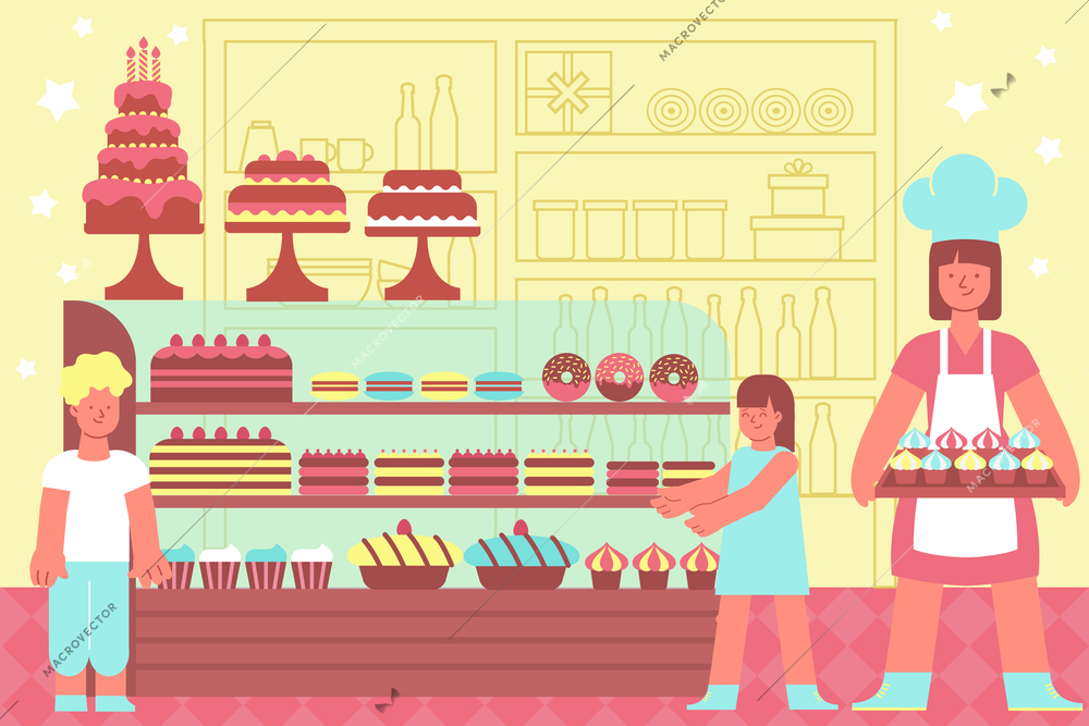 Sweet showcase composition with adult and teenage characters in front of shop display with confectionery products vector illustration