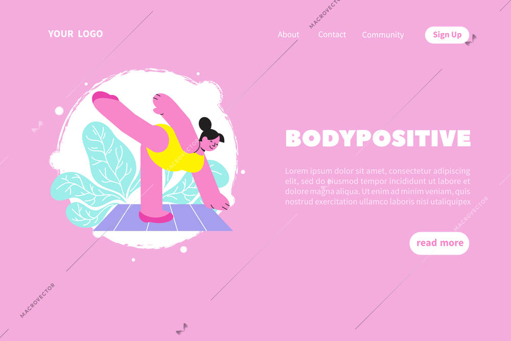 Body positive web site landing page background with clickable links buttons editable text and doodle images vector illustration