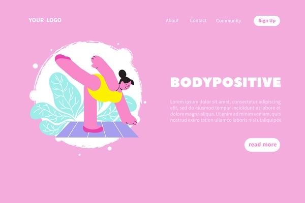 Body positive web site landing page background with clickable links buttons editable text and doodle images vector illustration