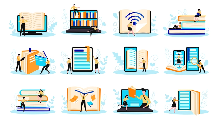 Online library set with isolated compositions of book icons and images of gadgets with human characters vector illustration