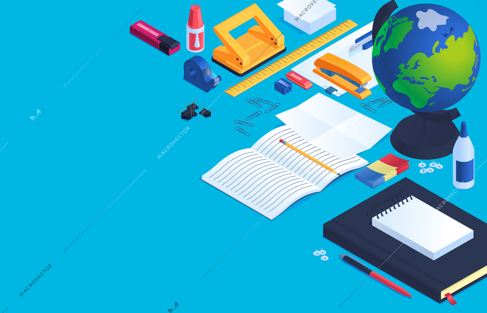 Office and school stationery background with eraser glue and globe isometric vector illustration